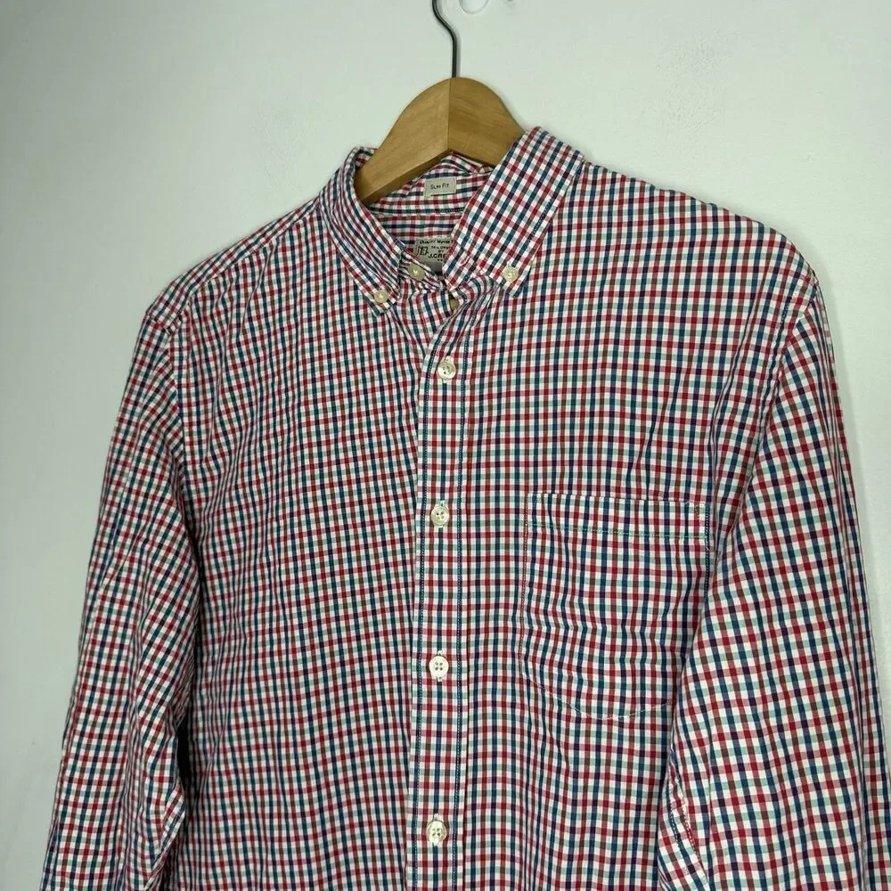 J. Crew Red, White, & Blue Gingham Cotton Slim Button Up Dress Shirt Medium